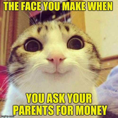 smiley cat | THE FACE YOU MAKE WHEN; YOU ASK YOUR PARENTS FOR MONEY | image tagged in smiley cat | made w/ Imgflip meme maker