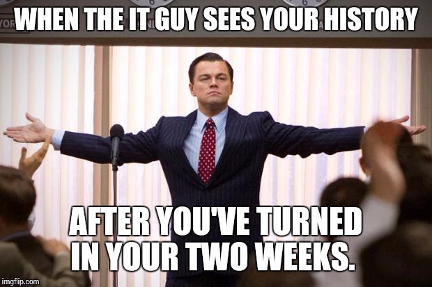 wolf of wallstreet | WHEN THE IT GUY SEES YOUR HISTORY; AFTER YOU'VE TURNED IN YOUR TWO WEEKS. | image tagged in wolf of wallstreet,AdviceAnimals | made w/ Imgflip meme maker