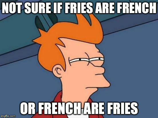 Futurama Fry | NOT SURE IF FRIES ARE FRENCH; OR FRENCH ARE FRIES | image tagged in memes,futurama fry | made w/ Imgflip meme maker