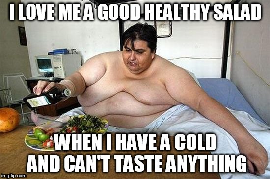 Healthy Fats | I LOVE ME A GOOD HEALTHY SALAD; WHEN I HAVE A COLD AND CAN'T TASTE ANYTHING | image tagged in fat guy,salad | made w/ Imgflip meme maker