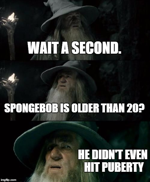 Confused Gandalf | WAIT A SECOND. SPONGEBOB IS OLDER THAN 20? HE DIDN'T EVEN HIT PUBERTY | image tagged in memes,confused gandalf | made w/ Imgflip meme maker