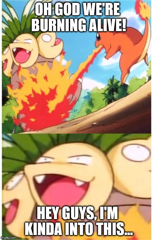 WTFpokemon | OH GOD WE'RE BURNING ALIVE! HEY GUYS, I'M KINDA INTO THIS... | image tagged in wtfpokemon | made w/ Imgflip meme maker