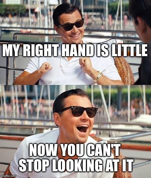 Leonardo Dicaprio Wolf Of Wall Street Meme | MY RIGHT HAND IS LITTLE; NOW YOU CAN'T STOP LOOKING AT IT | image tagged in memes,leonardo dicaprio wolf of wall street | made w/ Imgflip meme maker