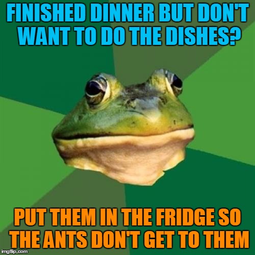 Teach me your secrets, Foul Bachelor Frog | FINISHED DINNER BUT DON'T WANT TO DO THE DISHES? PUT THEM IN THE FRIDGE SO THE ANTS DON'T GET TO THEM | image tagged in memes,foul bachelor frog,dishes | made w/ Imgflip meme maker