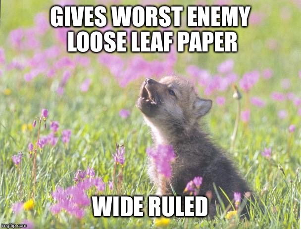 Baby Insanity Wolf | GIVES WORST ENEMY LOOSE LEAF PAPER; WIDE RULED | image tagged in memes,baby insanity wolf,AdviceAnimals | made w/ Imgflip meme maker