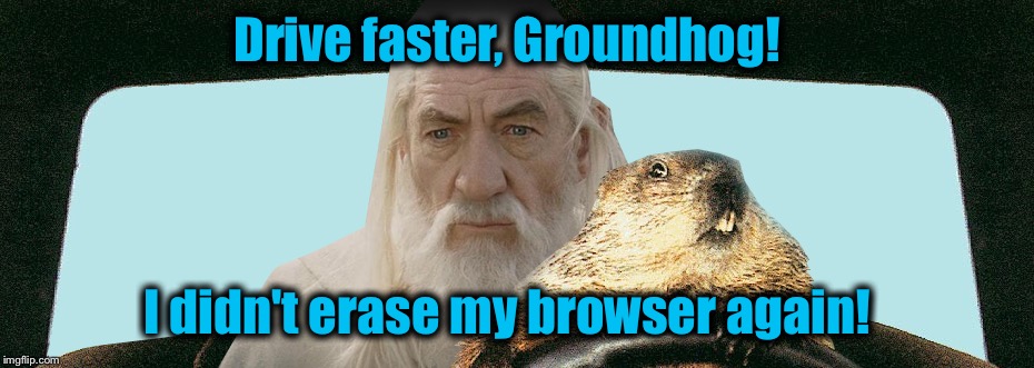 Gandalf Groundhog  | Drive faster, Groundhog! I didn't erase my browser again! | image tagged in gandalf groundhog | made w/ Imgflip meme maker