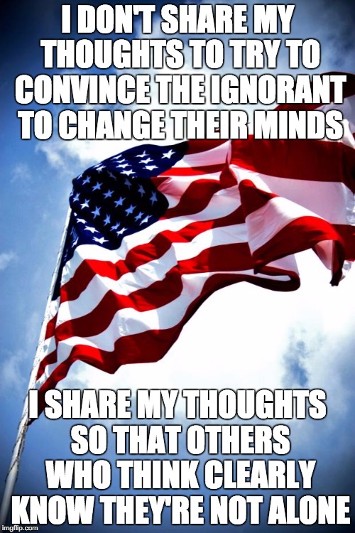 U.S. military flag waving on pole | I DON'T SHARE MY THOUGHTS TO TRY TO CONVINCE THE IGNORANT TO CHANGE THEIR MINDS; I SHARE MY THOUGHTS SO THAT OTHERS WHO THINK CLEARLY KNOW THEY'RE NOT ALONE | image tagged in us military flag waving on pole | made w/ Imgflip meme maker