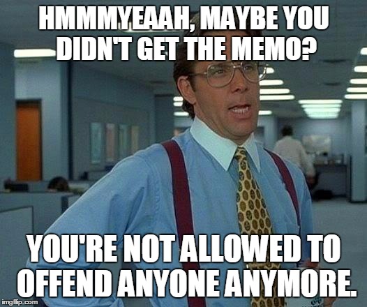 That Would Be Great Meme | HMMMYEAAH, MAYBE YOU DIDN'T GET THE MEMO? YOU'RE NOT ALLOWED TO OFFEND ANYONE ANYMORE. | image tagged in memes,that would be great | made w/ Imgflip meme maker