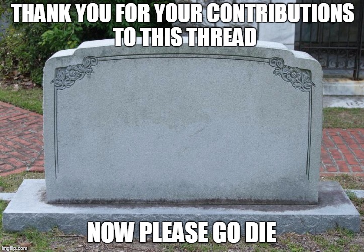Gravestone | THANK YOU FOR YOUR CONTRIBUTIONS TO THIS THREAD; NOW PLEASE GO DIE | image tagged in gravestone | made w/ Imgflip meme maker