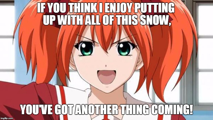 Kokoa from Rosario + Vampire | IF YOU THINK I ENJOY PUTTING UP WITH ALL OF THIS SNOW, YOU'VE GOT ANOTHER THING COMING! | image tagged in snow | made w/ Imgflip meme maker