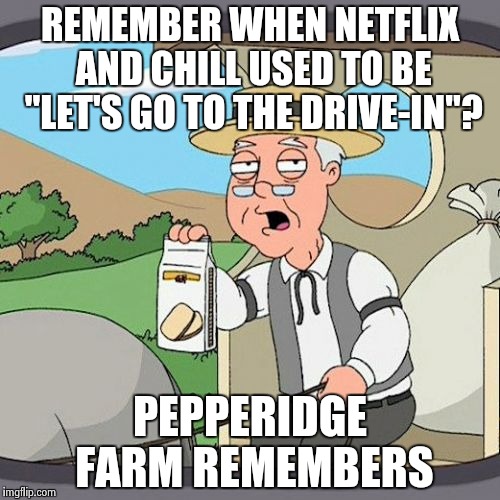 Who thinks up these euphemisms, anyway? | REMEMBER WHEN NETFLIX AND CHILL USED TO BE "LET'S GO TO THE DRIVE-IN"? PEPPERIDGE FARM REMEMBERS | image tagged in memes,pepperidge farm remembers | made w/ Imgflip meme maker