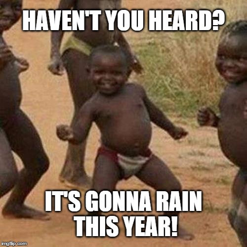 Third World Success Kid | HAVEN'T YOU HEARD? IT'S GONNA RAIN THIS YEAR! | image tagged in memes,third world success kid,african kids dancing,rain,success | made w/ Imgflip meme maker