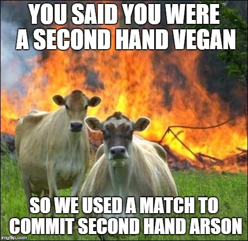 Evil Cows Meme | YOU SAID YOU WERE A SECOND HAND VEGAN; SO WE USED A MATCH TO COMMIT SECOND HAND ARSON | image tagged in memes,evil cows | made w/ Imgflip meme maker