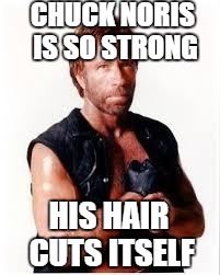 Chuck Norris Flex | CHUCK NORIS IS SO STRONG; HIS HAIR CUTS ITSELF | image tagged in chuck norris | made w/ Imgflip meme maker