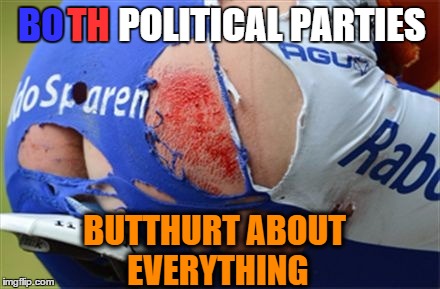 Butthurt: Level Expert | POLITICAL PARTIES; BO; TH; BUTTHURT ABOUT EVERYTHING | image tagged in bad day at the office,republicans,democrats,butthurt,everything | made w/ Imgflip meme maker
