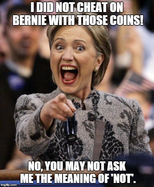 I DID NOT CHEAT ON BERNIE WITH THOSE COINS! NO, YOU MAY NOT ASK ME THE MEANING OF 'NOT'. | made w/ Imgflip meme maker