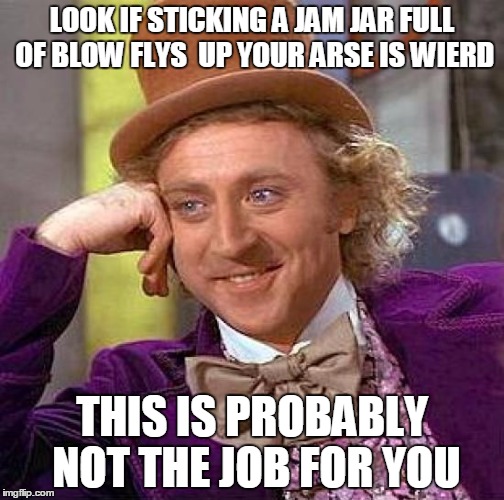 Creepy Condescending Wonka | LOOK IF STICKING A JAM JAR FULL OF BLOW FLYS  UP YOUR ARSE IS WIERD; THIS IS PROBABLY NOT THE JOB FOR YOU | image tagged in memes,creepy condescending wonka | made w/ Imgflip meme maker