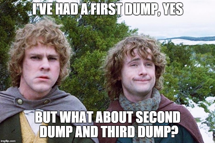 hobbits | I'VE HAD A FIRST DUMP, YES; BUT WHAT ABOUT SECOND DUMP AND THIRD DUMP? | image tagged in hobbits,AdviceAnimals | made w/ Imgflip meme maker