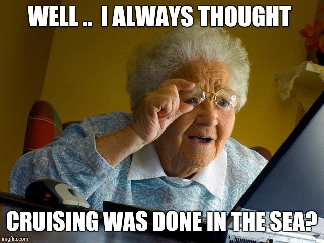 Grandma Finds The Internet | WELL
..  I ALWAYS THOUGHT; CRUISING WAS DONE IN THE SEA? | image tagged in memes,grandma finds the internet | made w/ Imgflip meme maker
