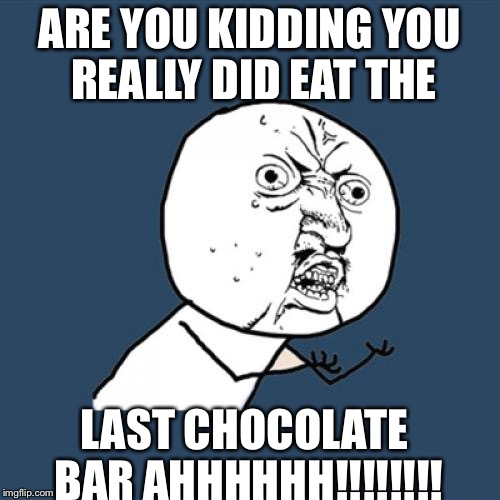 Y U No Meme | ARE YOU KIDDING YOU REALLY DID EAT THE; LAST CHOCOLATE BAR AHHHHHH!!!!!!!! | image tagged in memes,y u no | made w/ Imgflip meme maker