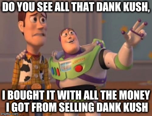 X, X Everywhere | DO YOU SEE ALL THAT DANK KUSH, I BOUGHT IT WITH ALL THE MONEY I GOT FROM SELLING DANK KUSH | image tagged in memes,x x everywhere | made w/ Imgflip meme maker