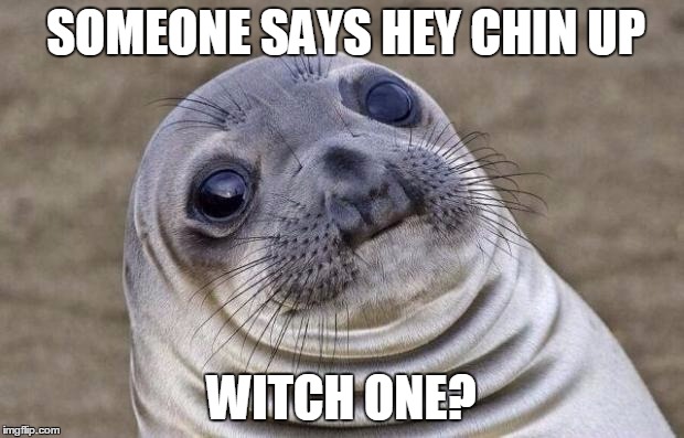 Awkward Moment Sealion | SOMEONE SAYS HEY CHIN UP; WITCH ONE? | image tagged in memes,awkward moment sealion | made w/ Imgflip meme maker