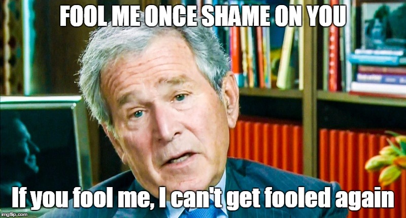 FOOL ME ONCE SHAME ON YOU; If you fool me, I can't get fooled again | image tagged in george w bush,fool me once,shame | made w/ Imgflip meme maker