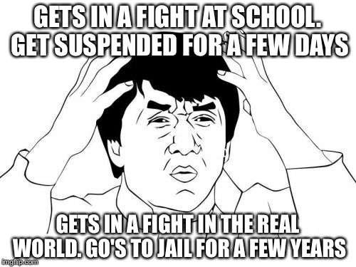 Jackie Chan WTF | GETS IN A FIGHT AT SCHOOL. GET SUSPENDED FOR A FEW DAYS; GETS IN A FIGHT IN THE REAL WORLD. GO'S TO JAIL FOR A FEW YEARS | image tagged in memes,jackie chan wtf | made w/ Imgflip meme maker