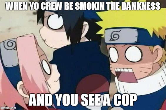 WHEN YO CREW BE SMOKIN THE DANKNESS; AND YOU SEE A COP | image tagged in confused naruto,sakura,sasuke derp face,memes,dank | made w/ Imgflip meme maker