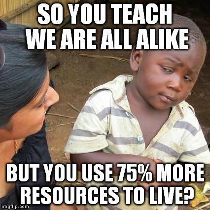 Third World Skeptical Kid | SO YOU TEACH WE ARE ALL ALIKE; BUT YOU USE 75% MORE RESOURCES TO LIVE? | image tagged in memes,third world skeptical kid | made w/ Imgflip meme maker