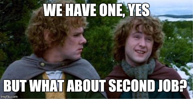 Merry and Pippin | WE HAVE ONE, YES; BUT WHAT ABOUT SECOND JOB? | image tagged in merry and pippin,TrollYChromosome | made w/ Imgflip meme maker