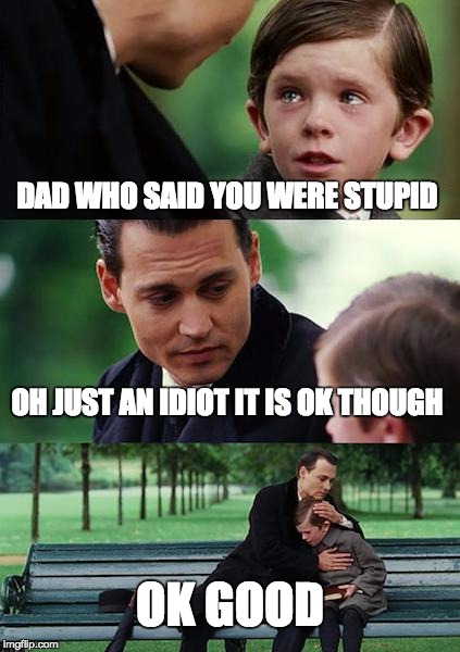 Finding Neverland | DAD WHO SAID YOU WERE STUPID; OH JUST AN IDIOT IT IS OK THOUGH; OK GOOD | image tagged in memes,finding neverland | made w/ Imgflip meme maker