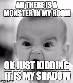 Angry Baby Meme | AH THERE IS A MONSTER IN MY ROOM; OK JUST KIDDING IT IS MY SHADOW | image tagged in memes,angry baby | made w/ Imgflip meme maker