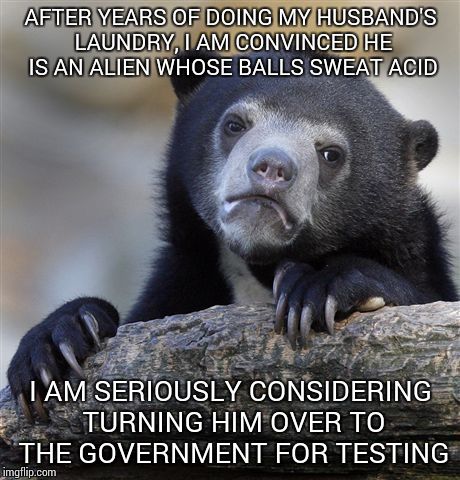 Confession Bear | AFTER YEARS OF DOING MY HUSBAND'S LAUNDRY, I AM CONVINCED HE IS AN ALIEN WHOSE BALLS SWEAT ACID; I AM SERIOUSLY CONSIDERING TURNING HIM OVER TO THE GOVERNMENT FOR TESTING | image tagged in memes,confession bear | made w/ Imgflip meme maker