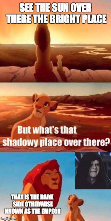 Simba Shadowy Place Meme | SEE THE SUN OVER THERE THE BRIGHT PLACE; THAT IS THE DARK SIDE OTHERWISE KNOWN AS THE EMPEOR | image tagged in memes,simba shadowy place | made w/ Imgflip meme maker