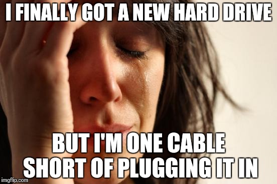 The hard choice of do I reinstall everything now or get a new cable next time I go out? | I FINALLY GOT A NEW HARD DRIVE; BUT I'M ONE CABLE SHORT OF PLUGGING IT IN | image tagged in memes,first world problems,computer,gaming | made w/ Imgflip meme maker