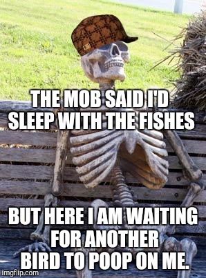 Waiting Skeleton Meme | THE MOB SAID I'D SLEEP WITH THE FISHES; BUT HERE I AM WAITING FOR ANOTHER BIRD TO POOP ON ME. | image tagged in memes,waiting skeleton,scumbag | made w/ Imgflip meme maker