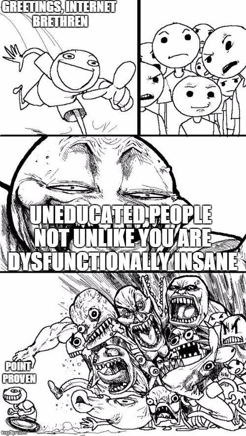 Hey Internet | GREETINGS, INTERNET BRETHREN; UNEDUCATED PEOPLE NOT UNLIKE YOU ARE DYSFUNCTIONALLY INSANE; POINT PROVEN | image tagged in memes,hey internet | made w/ Imgflip meme maker