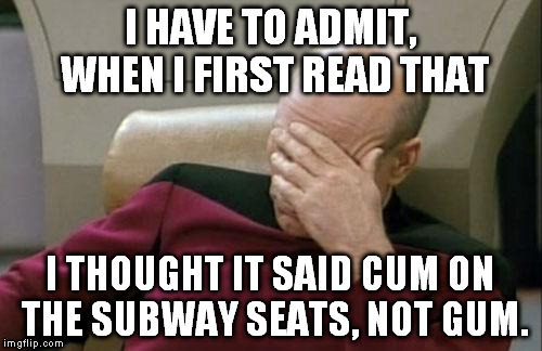 Captain Picard Facepalm Meme | I HAVE TO ADMIT, WHEN I FIRST READ THAT I THOUGHT IT SAID CUM ON THE SUBWAY SEATS, NOT GUM. | image tagged in memes,captain picard facepalm | made w/ Imgflip meme maker