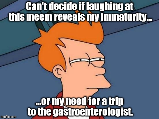 Futurama Fry Meme | Can't decide if laughing at this meem reveals my immaturity... ...or my need for a trip to the gastroenterologist. | image tagged in memes,futurama fry | made w/ Imgflip meme maker