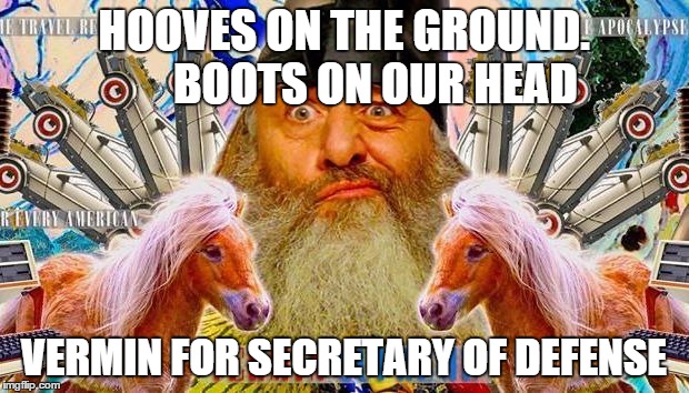 HOOVES ON THE GROUND.       BOOTS ON OUR HEAD; VERMIN FOR SECRETARY OF DEFENSE | image tagged in vermin supreme,bernie 2016,political revolution | made w/ Imgflip meme maker