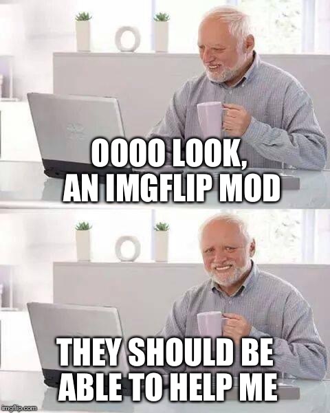 Hide the Pain Harold | OOOO LOOK, AN IMGFLIP MOD; THEY SHOULD BE ABLE TO HELP ME | image tagged in hide the pain harold,memes,imgflip | made w/ Imgflip meme maker