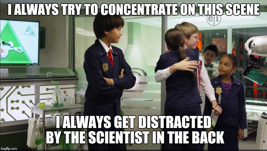 I ALWAYS TRY TO CONCENTRATE ON THIS SCENE; I ALWAYS GET DISTRACTED BY THE SCIENTIST IN THE BACK | image tagged in hugs,photobombs | made w/ Imgflip meme maker