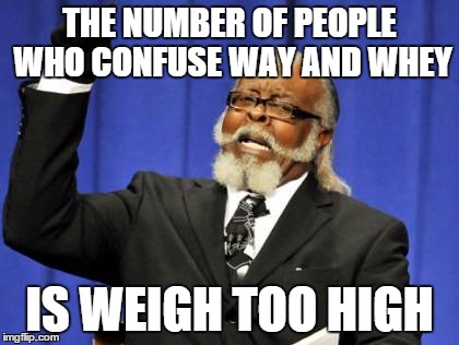 Too Damn High Meme | THE NUMBER OF PEOPLE WHO CONFUSE WAY AND WHEY; IS WEIGH TOO HIGH | image tagged in memes,too damn high | made w/ Imgflip meme maker