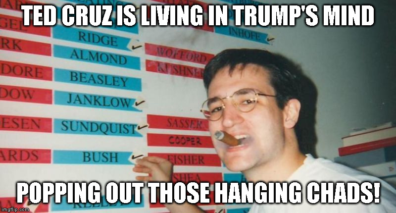 Ted Cruz Teenager | TED CRUZ IS LIVING IN TRUMP'S MIND; POPPING OUT THOSE HANGING CHADS! | image tagged in ted cruz teenager | made w/ Imgflip meme maker