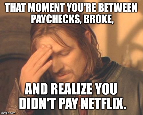 Frustrated Boromir Meme | THAT MOMENT YOU'RE BETWEEN PAYCHECKS, BROKE, AND REALIZE YOU DIDN'T PAY NETFLIX. | image tagged in memes,frustrated boromir | made w/ Imgflip meme maker