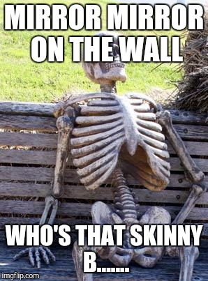 Waiting Skeleton Meme | MIRROR MIRROR ON THE WALL WHO'S THAT SKINNY B....... | image tagged in memes,waiting skeleton | made w/ Imgflip meme maker
