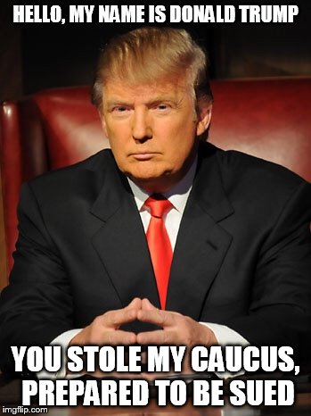 Donald trump | HELLO, MY NAME IS DONALD TRUMP; YOU STOLE MY CAUCUS, PREPARED TO BE SUED | image tagged in donald trump | made w/ Imgflip meme maker