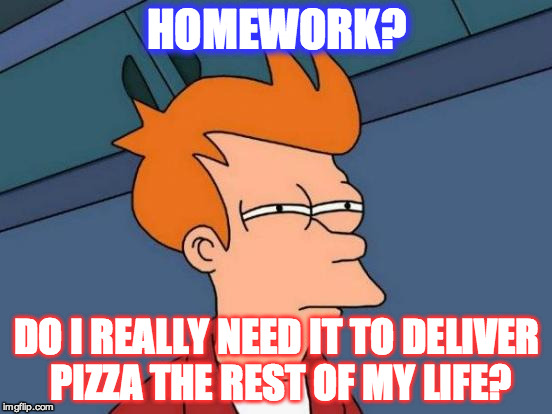 Futurama Fry Meme | HOMEWORK? DO I REALLY NEED IT TO DELIVER PIZZA THE REST OF MY LIFE? | image tagged in memes,futurama fry | made w/ Imgflip meme maker