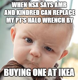 Skeptical Baby | WHEN NSX SAYS AMR AND KINDRED CAN REPLACE MY PT'S HALO WRENCH BY; BUYING ONE AT IKEA | image tagged in memes,skeptical baby | made w/ Imgflip meme maker